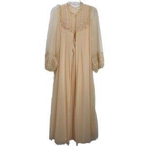VTG Intimé Peignoir Set Cream DB Chiffon Full sweep Fancy Bridal Lace Gown Sz L